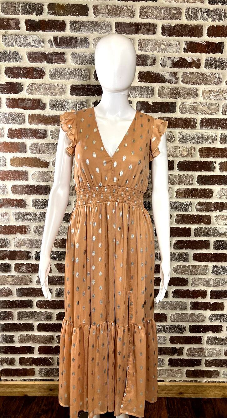 NWT Lulus Cause To Celebrate Ruffle Midi MauveW/Silver Polka Dot Dress Womens S
